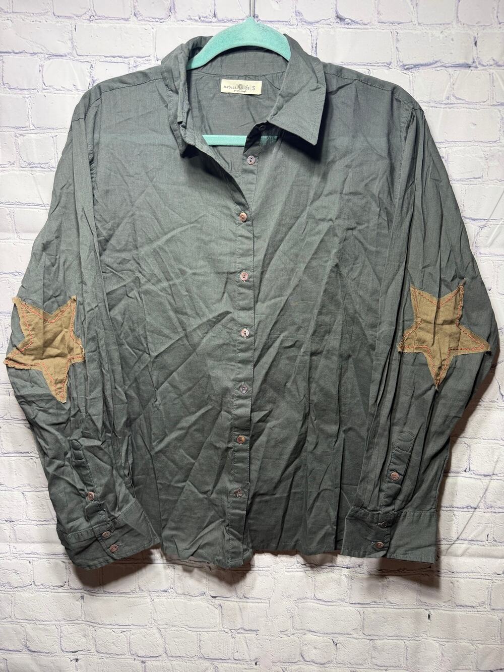 Natural Life Lightweight Button Down Star Elbow Patch Sz S Celestial NWOT